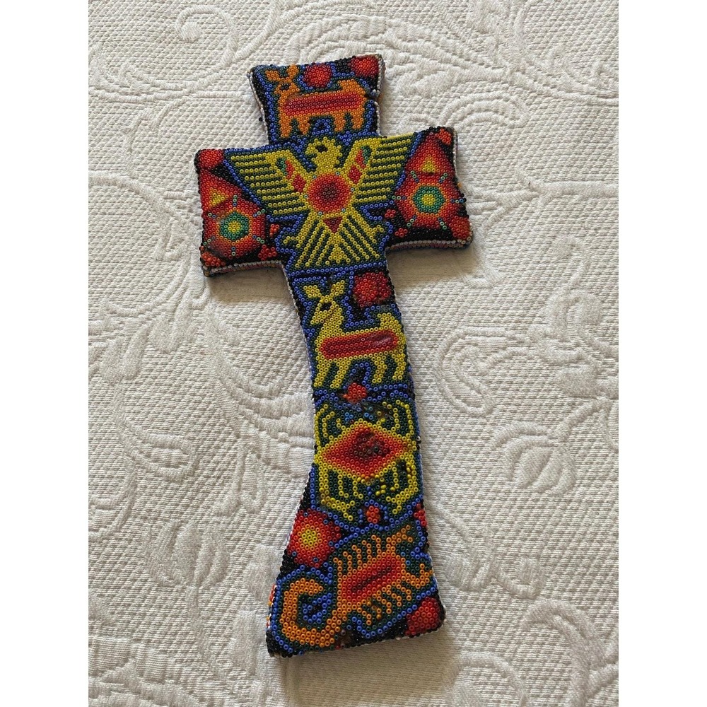 Huichol BBC Beaded Cross Wall Decor Vibrant Handcrafted
